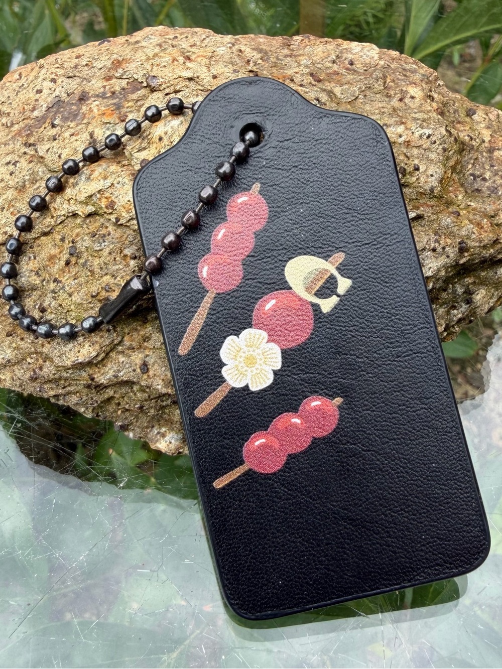 Coach Large Black Leather Hangtag with Tanghulu & Tea Rose Print